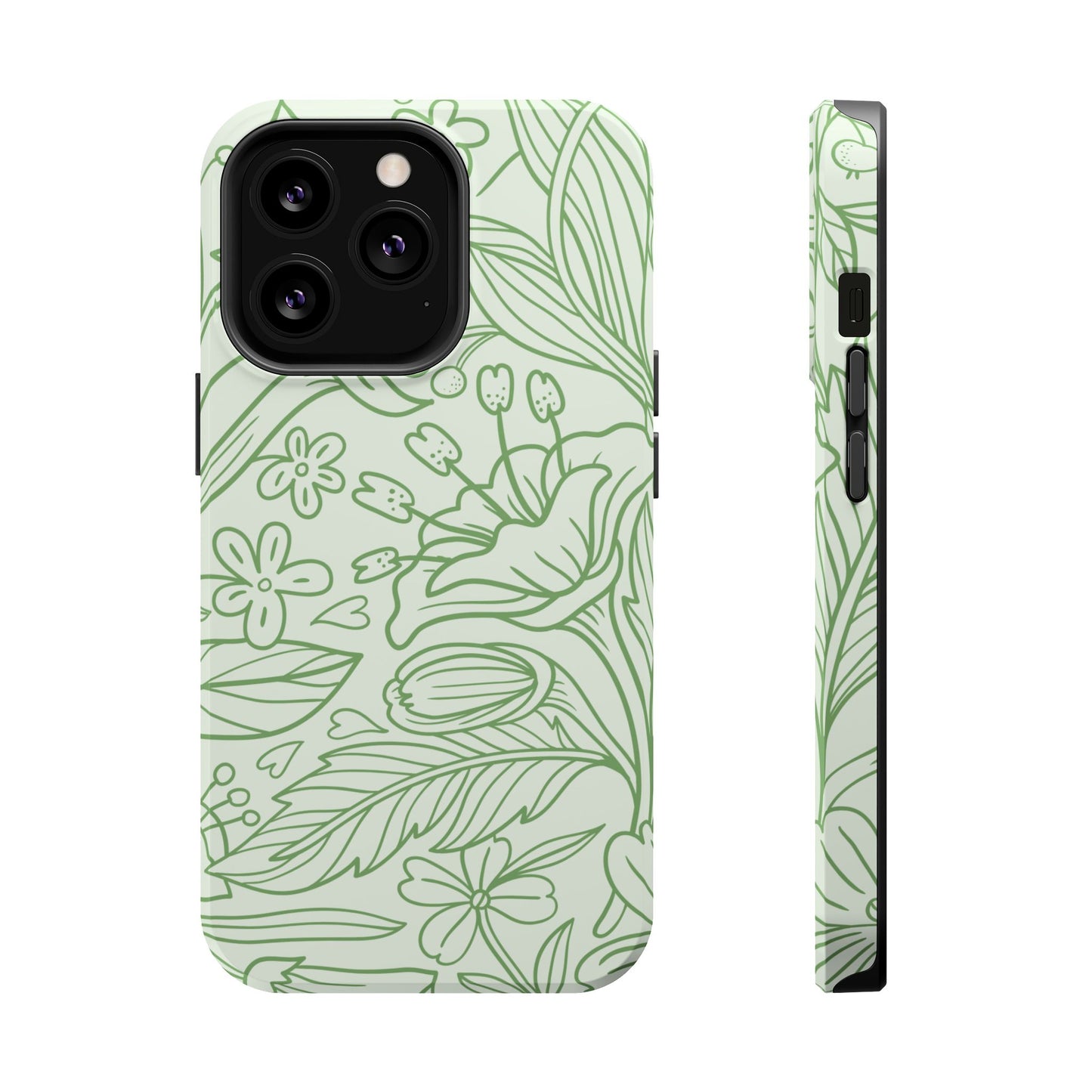 Sage Green Floral Line Art Tough MagSafe iPhone Case – Minimalist Botanical Design with Dual-Layer Protection