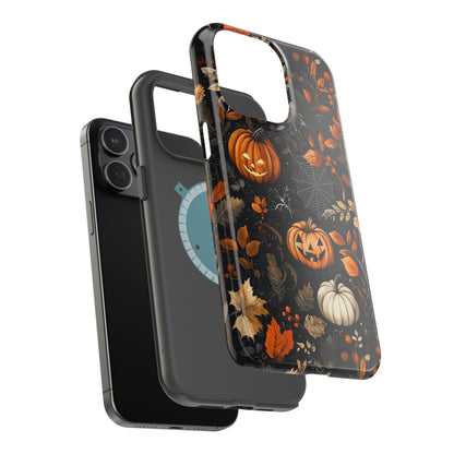 Elegant Halloween MagSafe iPhone Case – Pumpkin Jack-o'-Lanterns, Cobwebs & Autumn Foliage Design