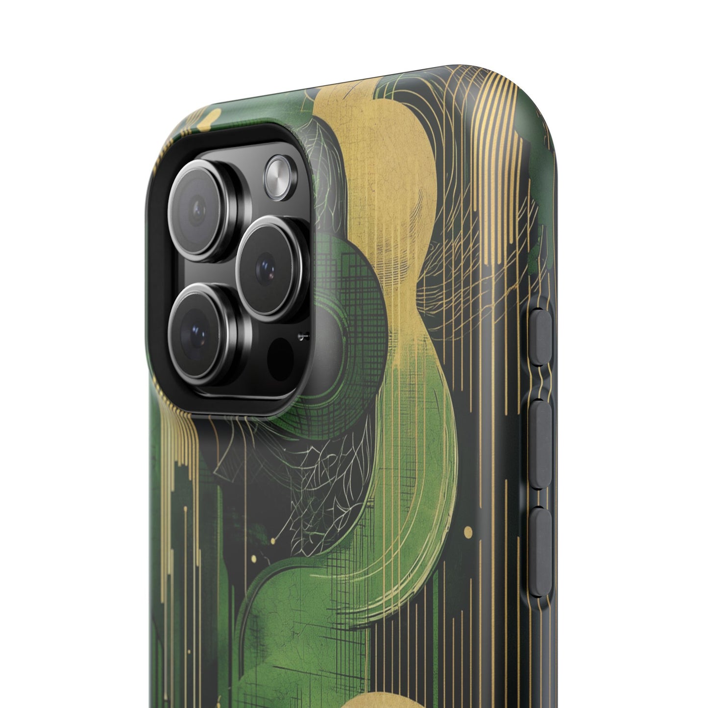 Abstract Green & Gold MagSafe iPhone Case - Geometric Art Deco Protective Cover