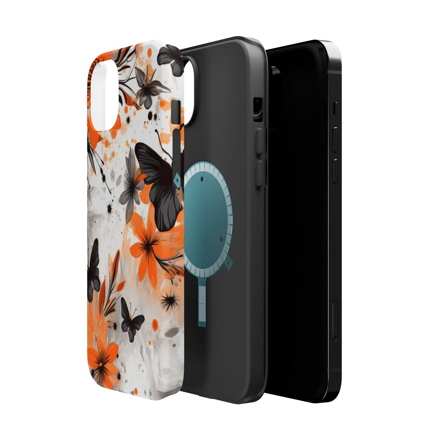 Orange Blossom & Black Butterfly MagSafe iPhone Case – Bold Floral Pattern with Modern Abstract Style