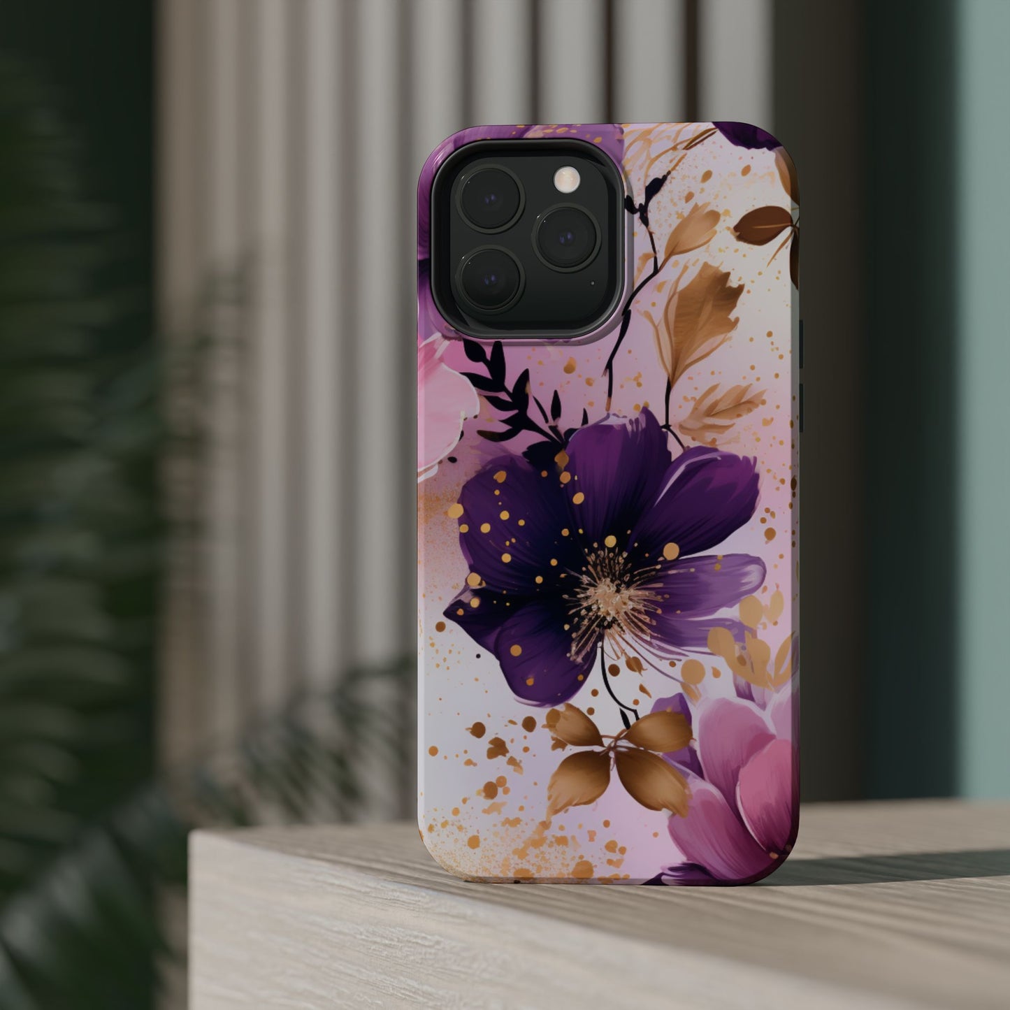 Elegant Purple & Gold Floral MagSafe iPhone Case - Luxe Flower Design