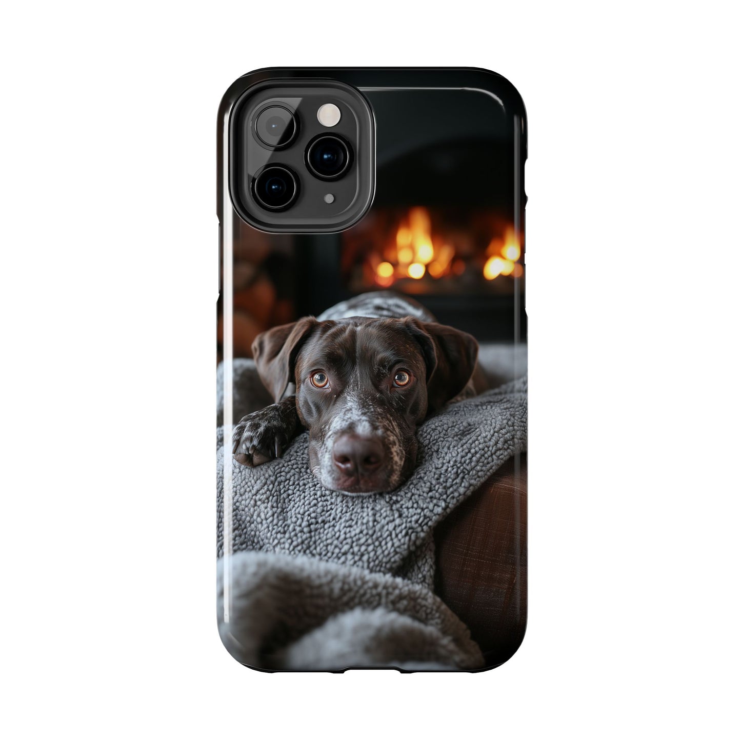 Cozy German Shorthaired Pointer iPhone Case – Rustic Fireplace Protective Cover