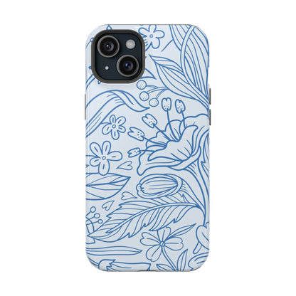 Dusty Blue Floral Line Art Tough MagSafe iPhone Case – Minimalist Botanical Design with Dual-Layer Protection