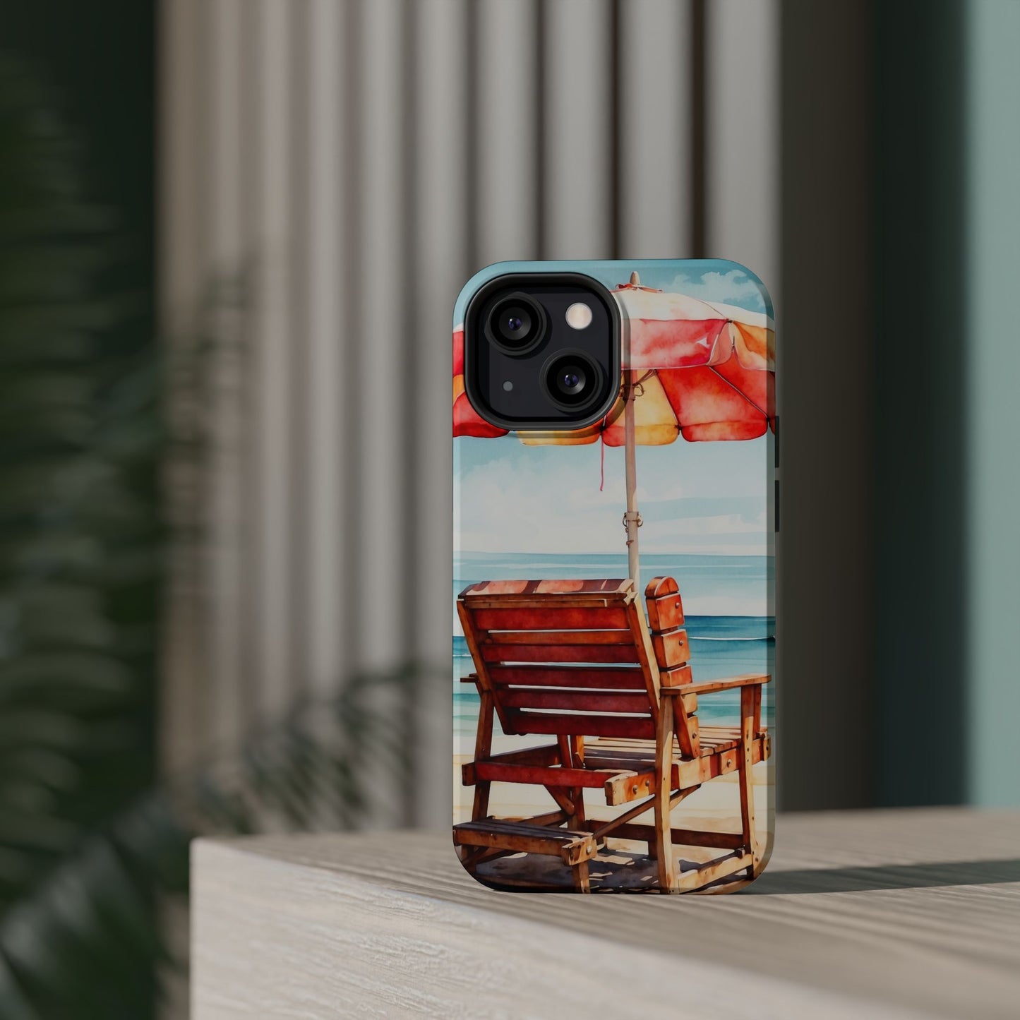 Beachfront Sunset Lounge MagSafe iPhone Case – Vibrant Watercolor Design