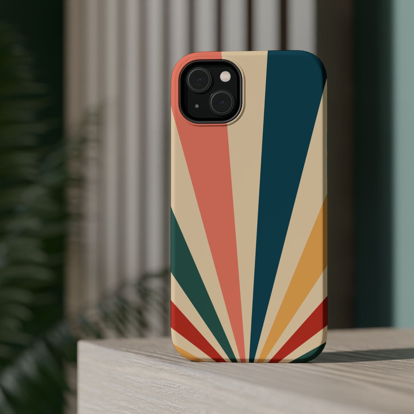 Retro Sunbeam MagSafe iPhone Case – 70s-Inspired Radiating Stripes in Coral, Teal, and Mustard