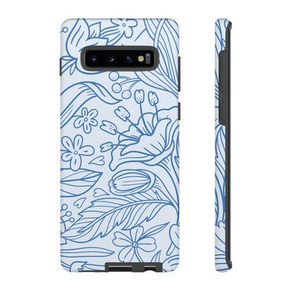 Dusty Blue Floral Line Art Tough Samsung Galaxy Case – Minimalist Botanical Design with Dual-Layer Protection