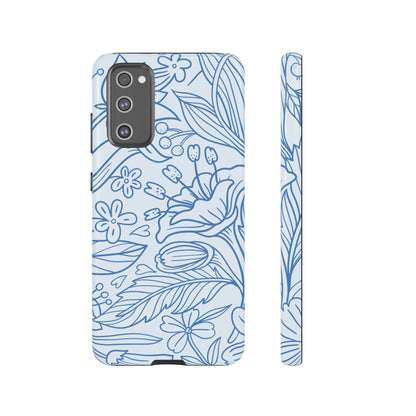 Dusty Blue Floral Line Art Tough Samsung Galaxy Case – Minimalist Botanical Design with Dual-Layer Protection