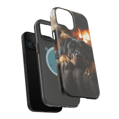 Cozy Rottweiler by the Fireplace MagSafe iPhone Case – Warm Rustic Design