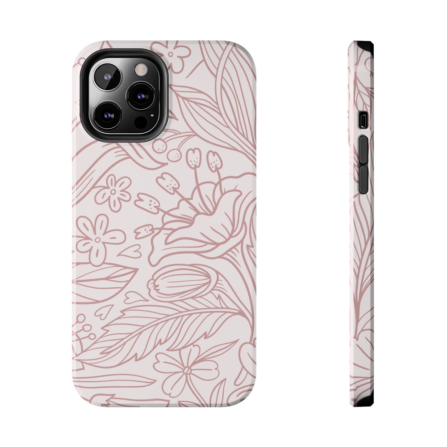 Blush Floral Line Art Tough iPhone Case – Delicate Minimalist Design with Dual-Layer Protection