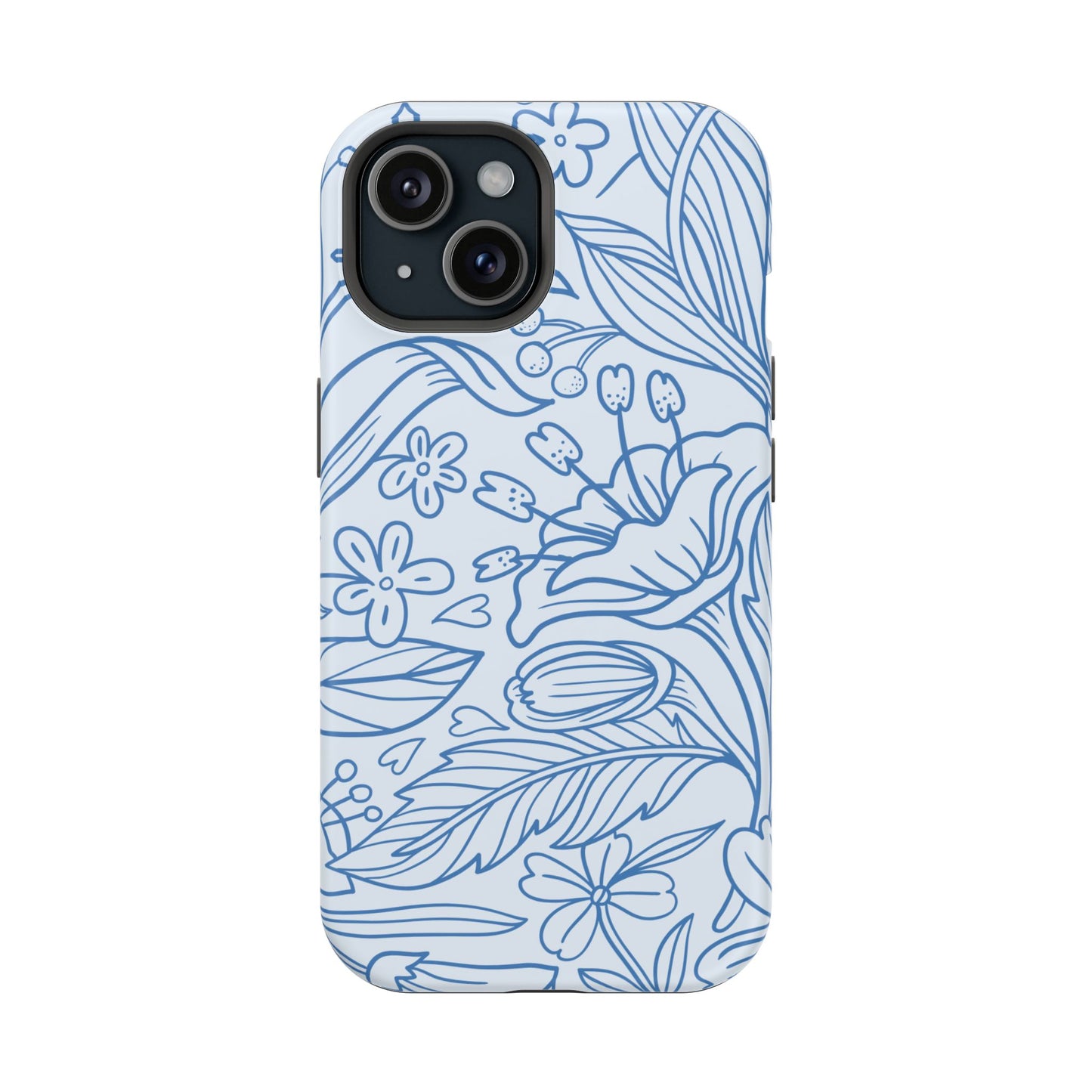 Dusty Blue Floral Line Art Tough MagSafe iPhone Case – Minimalist Botanical Design with Dual-Layer Protection