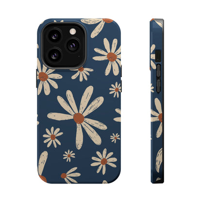 Vintage Daisies MagSafe iPhone Case – Navy Blue Floral Design, Scratch-Resistant with Shock-Absorbing Bumper