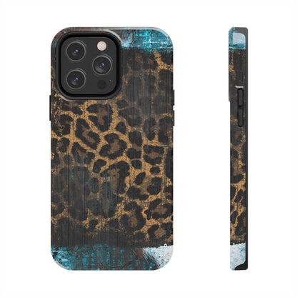 Boho Leopard and Turquoise Tough iPhone Case – Rustic Western Design with Dual-Layer Protection