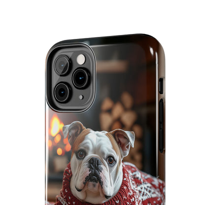 Cozy Bulldog in Sweater iPhone Case – Festive Fireplace Protective Cover