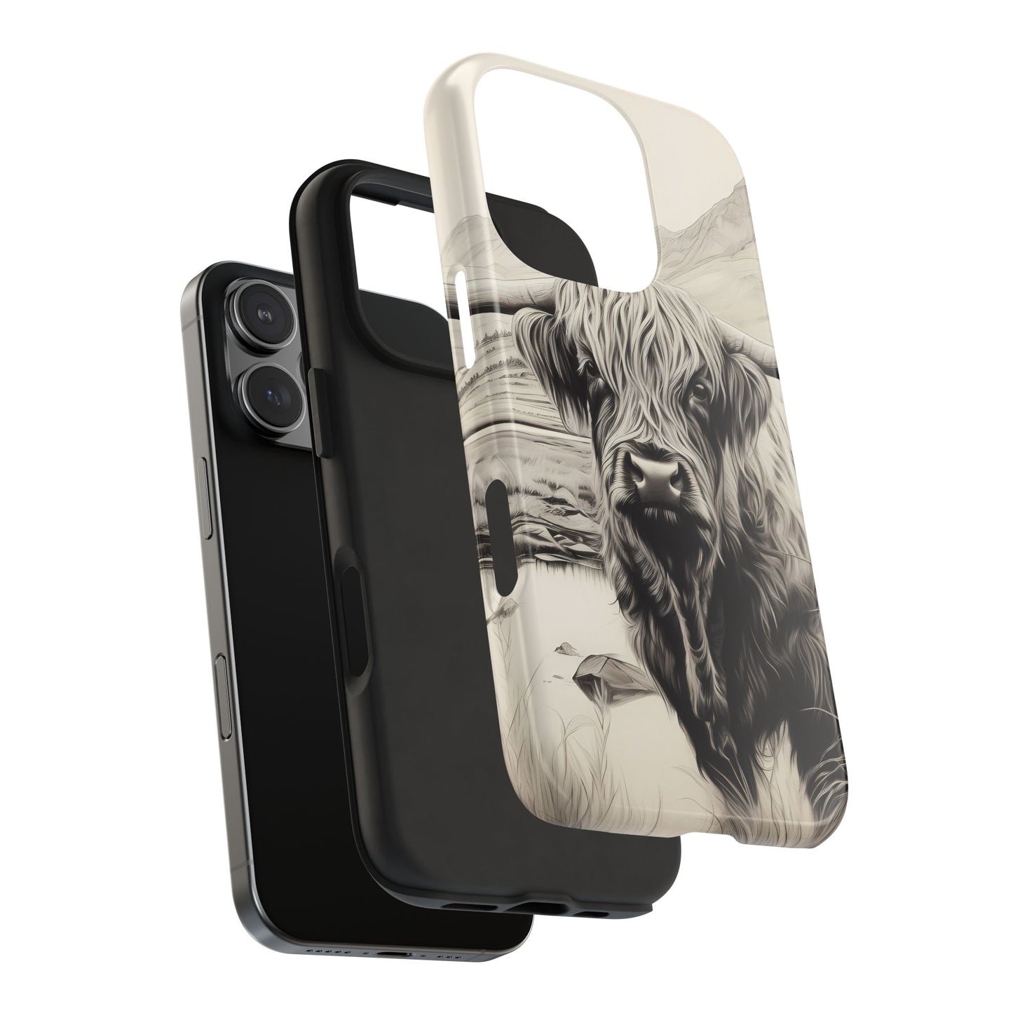 Cute Highland Cow Cases - Western Charcoal Sketched Cow - Farmhouse Design