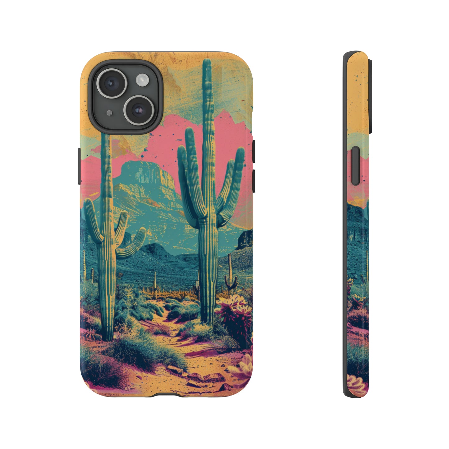 Desert Oasis Retro Cactus Phone Case - Vibrant Sunset Landscape for iPhone 15/14/13/12, Samsung S24/S23/S22/S21, & Google Pixel