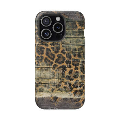 Rustic Wood and Leopard Print Tough MagSafe iPhone Case – Distressed Western Design with Dual-Layer Protection