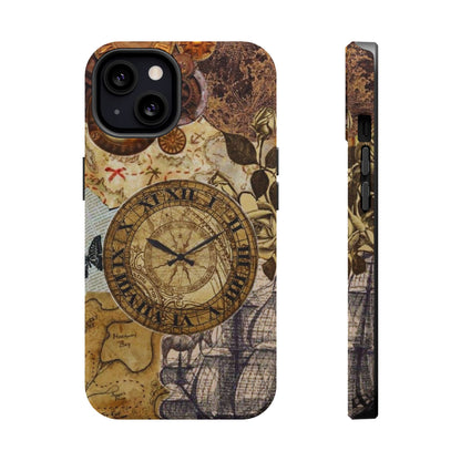 Steampunk Vintage Adventure MagSafe iPhone Case – Dual-Layer Protection with Antique Map and Clock Design