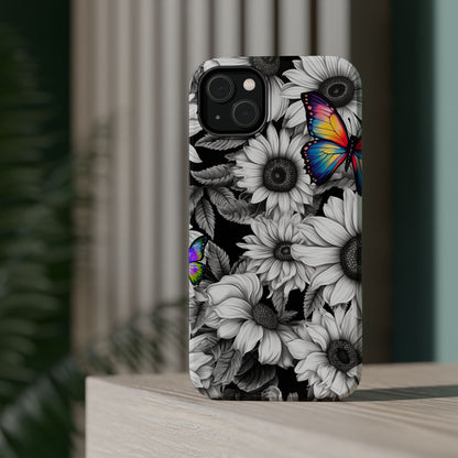 Rainbow Butterflies & Monochrome Sunflowers – MagSafe iPhone Case