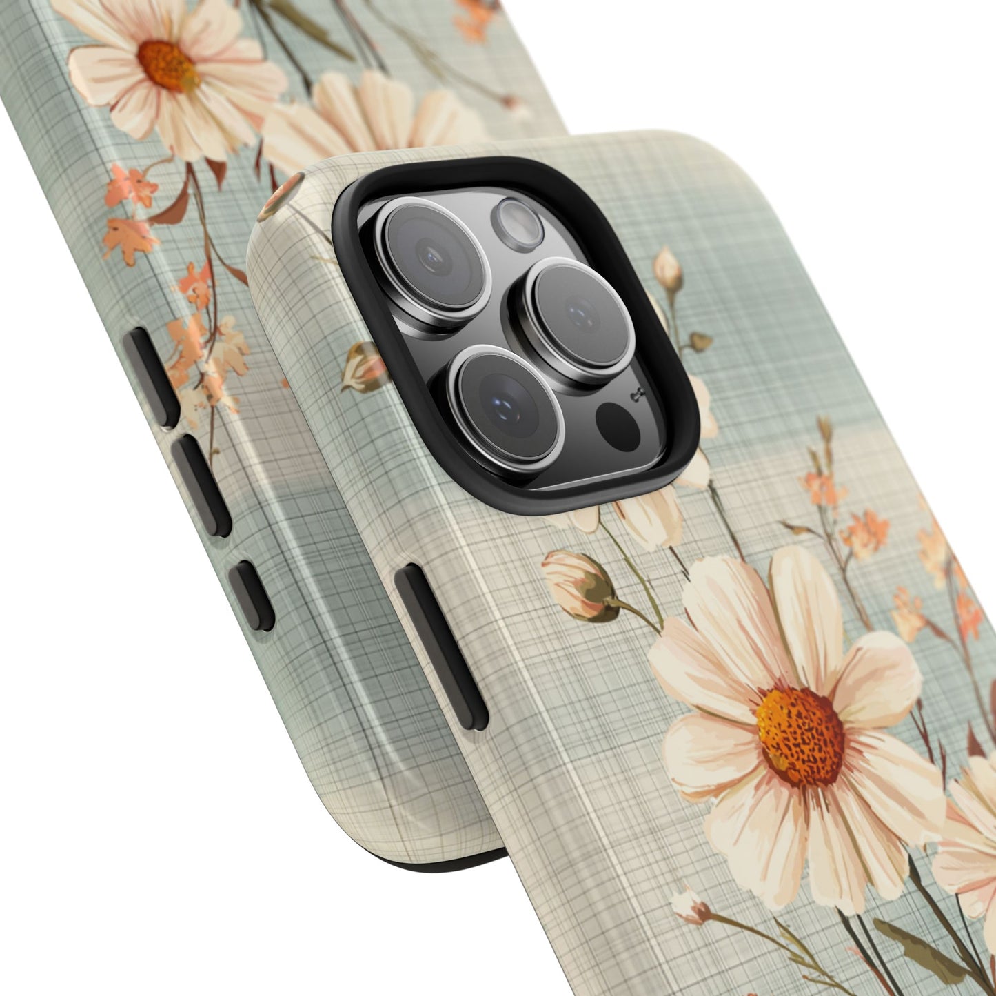 Vintage Plaid & Daisy Floral Tough iPhone Case – Dual-Layer Protection with Retro Flower Design