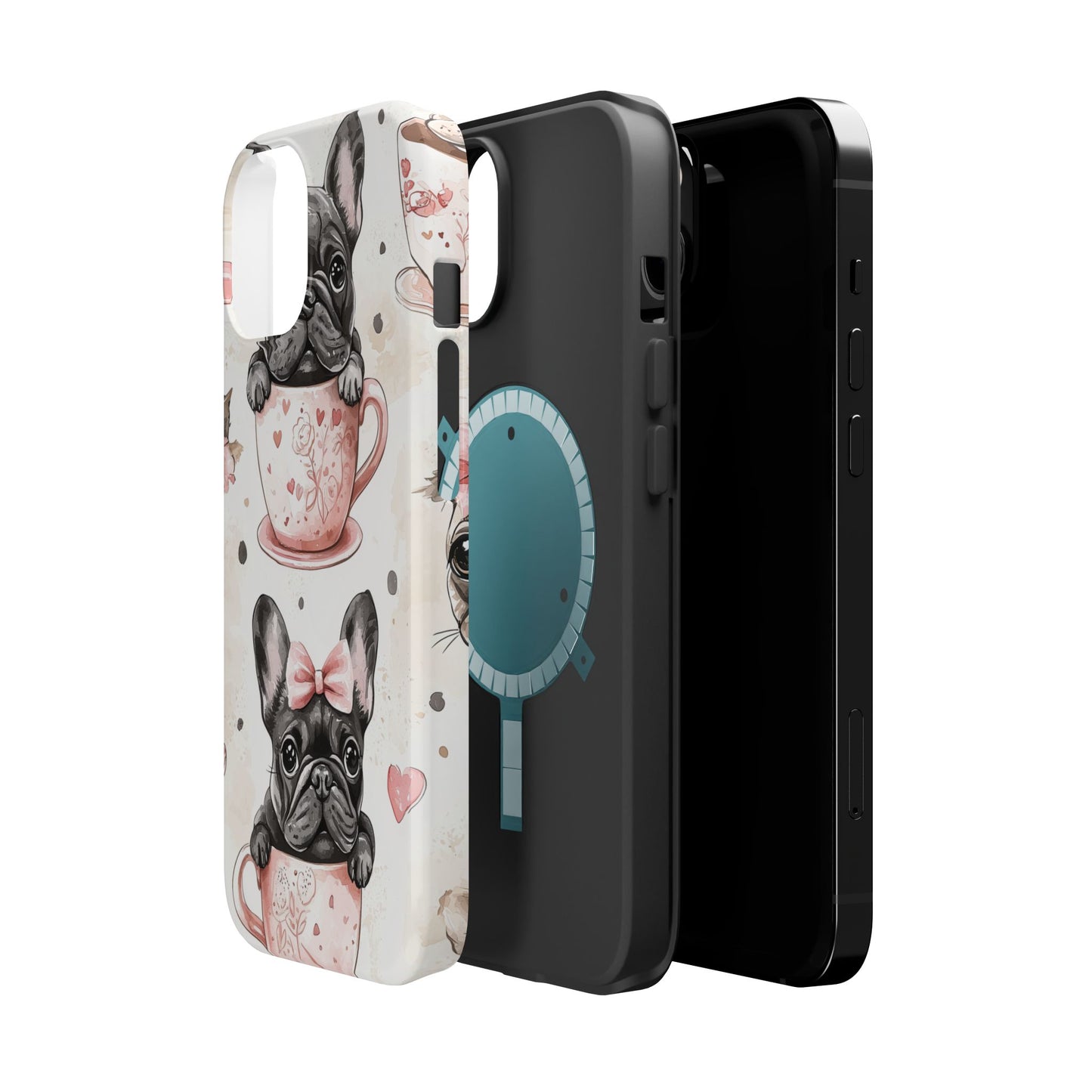 French Bulldogs in Teacups MagSafe iPhone Case – Cute Dog Design with Hearts & Bows, Shockproof & Slim