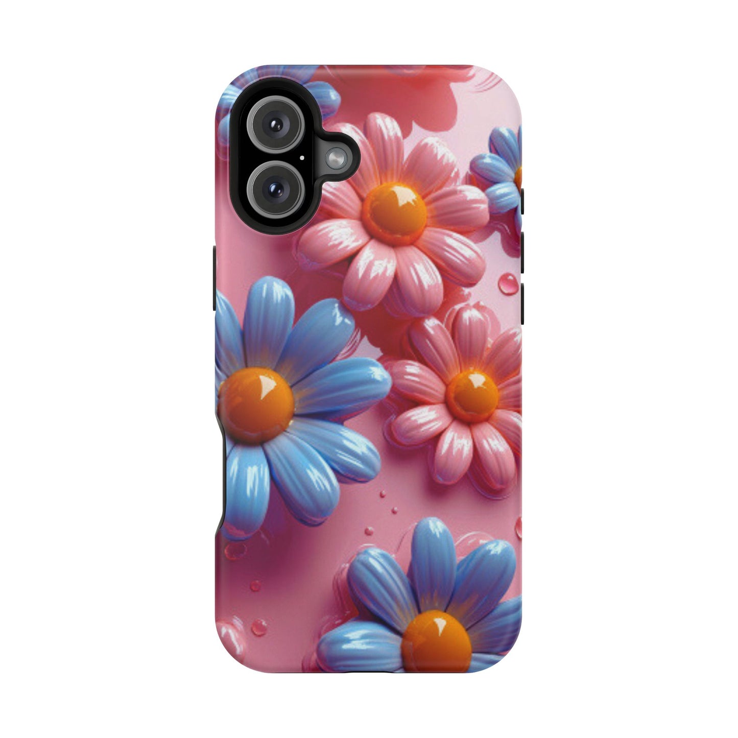 Pastel Daisy 3D MagSafe iPhone Case – Glossy Pink and Blue Floral Design, Full Protection