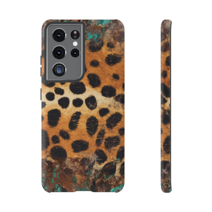 Rustic Leopard Print Tough Samsung Galaxy Case – Distressed Turquoise and Animal Pattern with Dual-Layer Protection