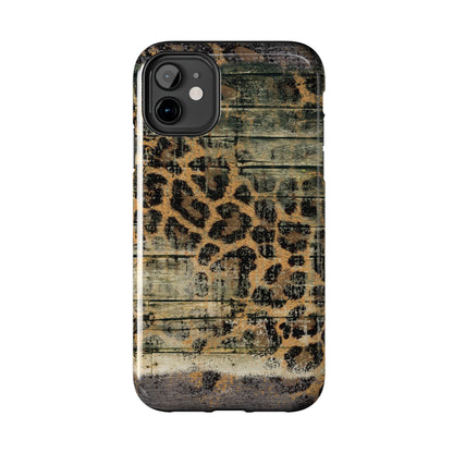 Rustic Wood and Leopard Print Tough iPhone Case – Distressed Western Design with Dual-Layer Protection