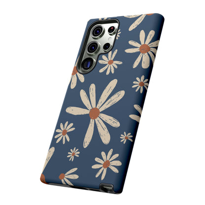 Vintage Daisies Samsung Galaxy Case – Navy Blue Floral Design, Scratch-Resistant with Shock-Absorbing Bumper