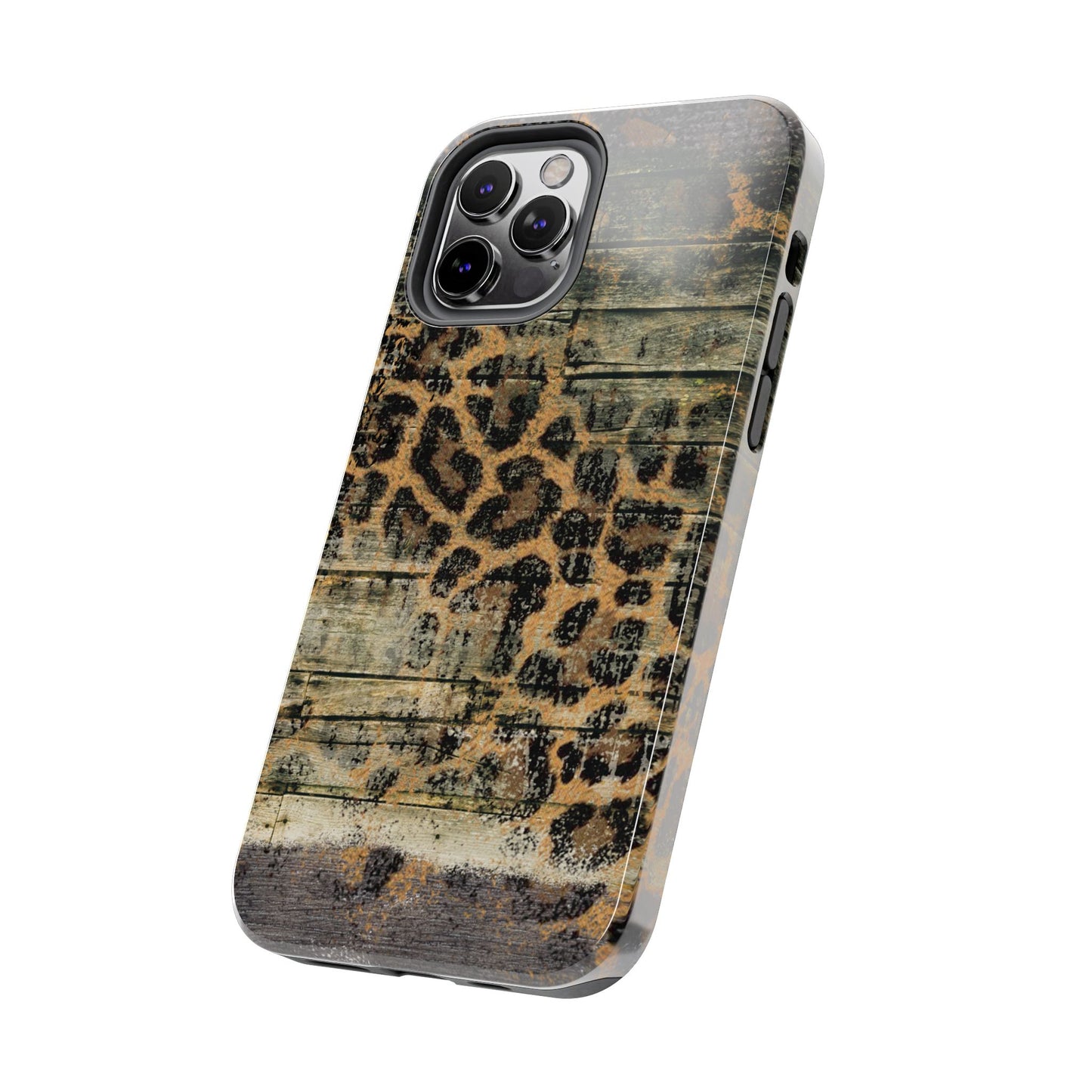 Rustic Wood and Leopard Print Tough iPhone Case – Distressed Western Design with Dual-Layer Protection