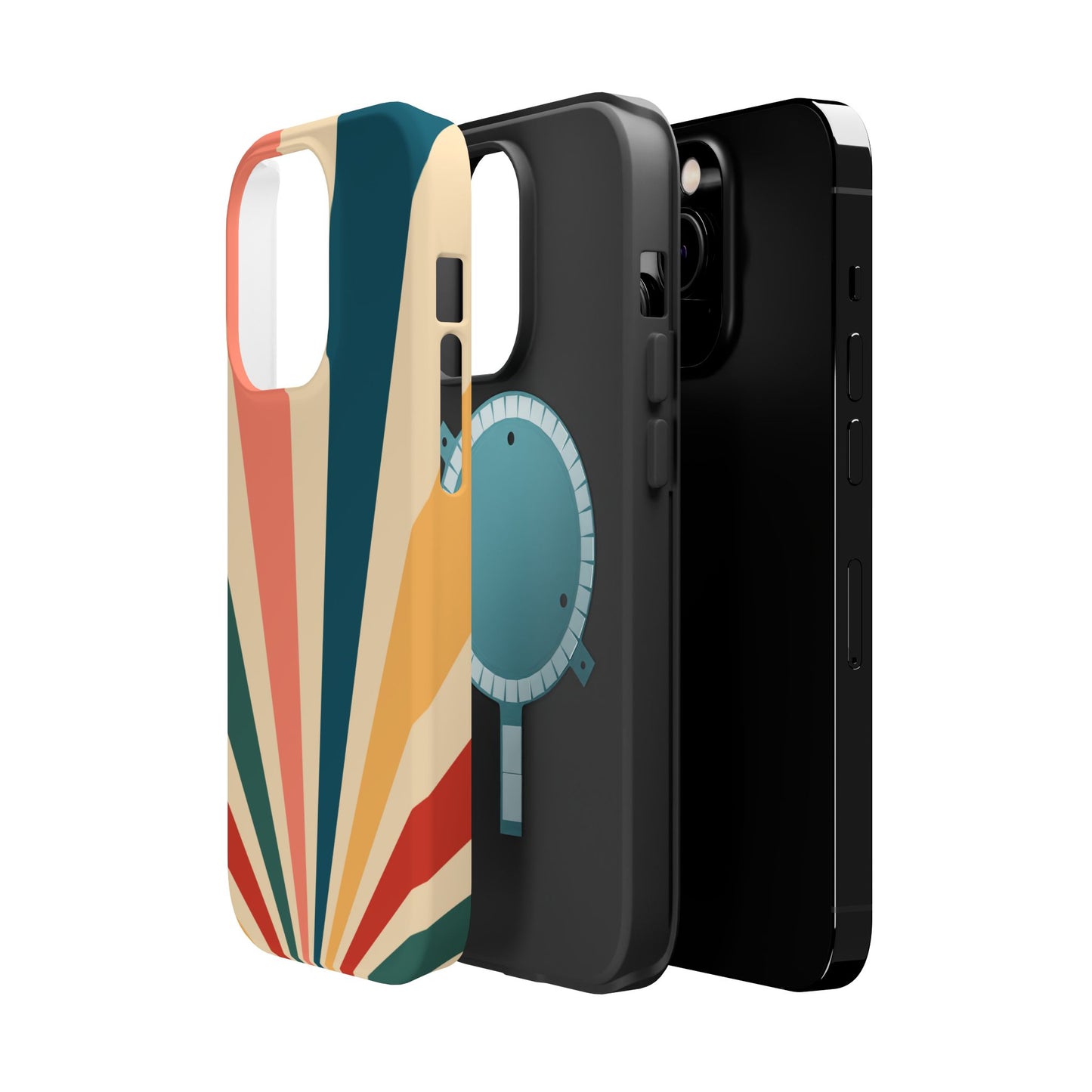 Retro Sunbeam MagSafe iPhone Case – 70s-Inspired Radiating Stripes in Coral, Teal, and Mustard