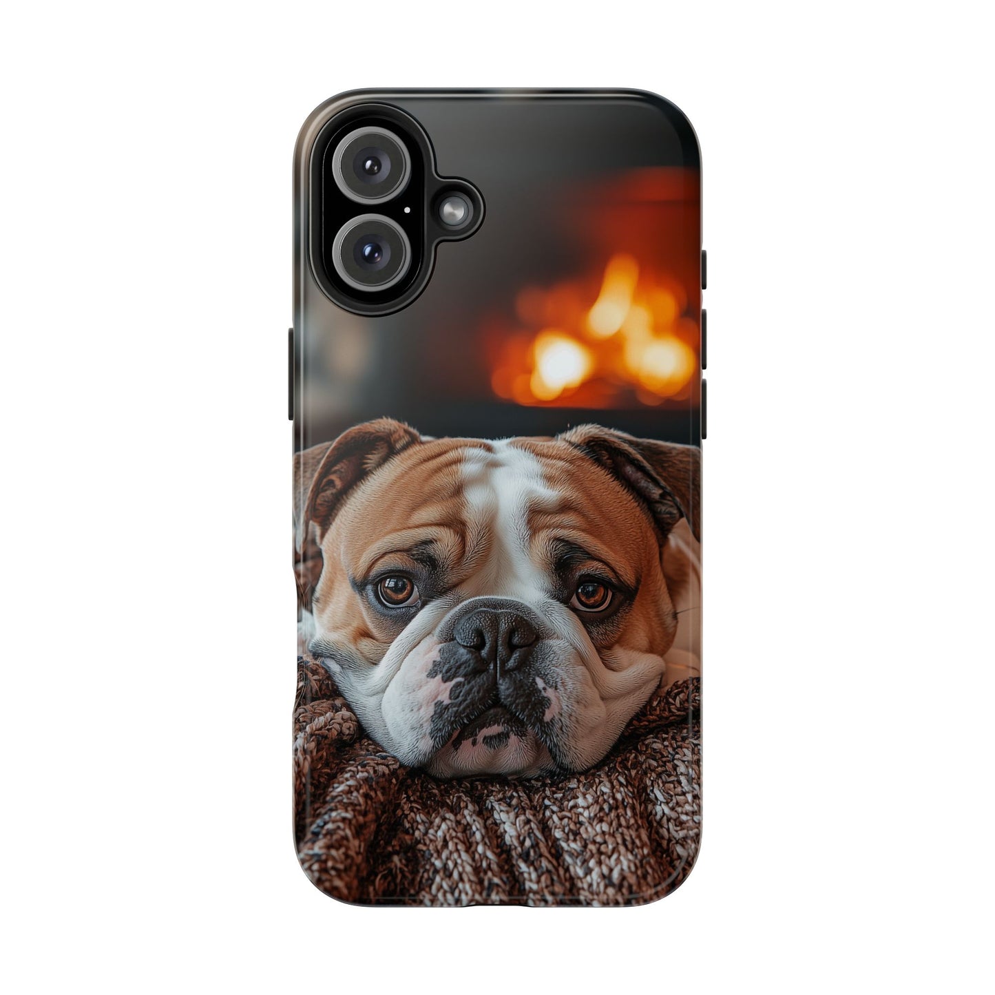 Cozy Bulldog iPhone Case – Fireside-Inspired Protective Cover Description: