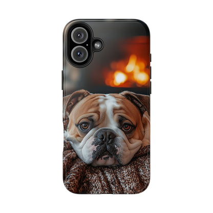 Cozy Bulldog iPhone Case – Fireside-Inspired Protective Cover Description: