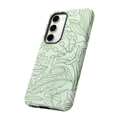 Sage Green Floral Line Art Tough Samsung Galaxy Case – Minimalist Botanical Design with Dual-Layer Protection