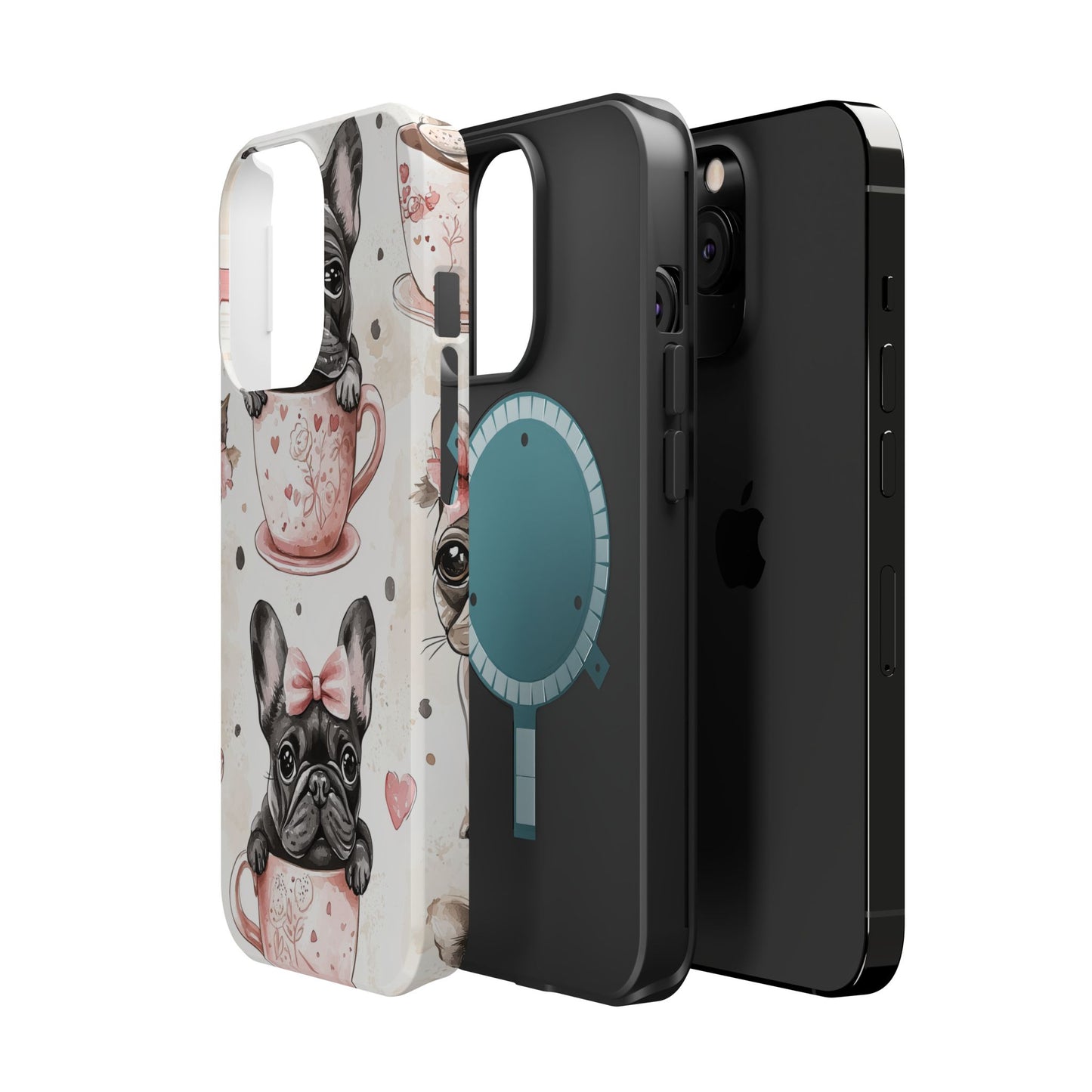 French Bulldogs in Teacups MagSafe iPhone Case – Cute Dog Design with Hearts & Bows, Shockproof & Slim