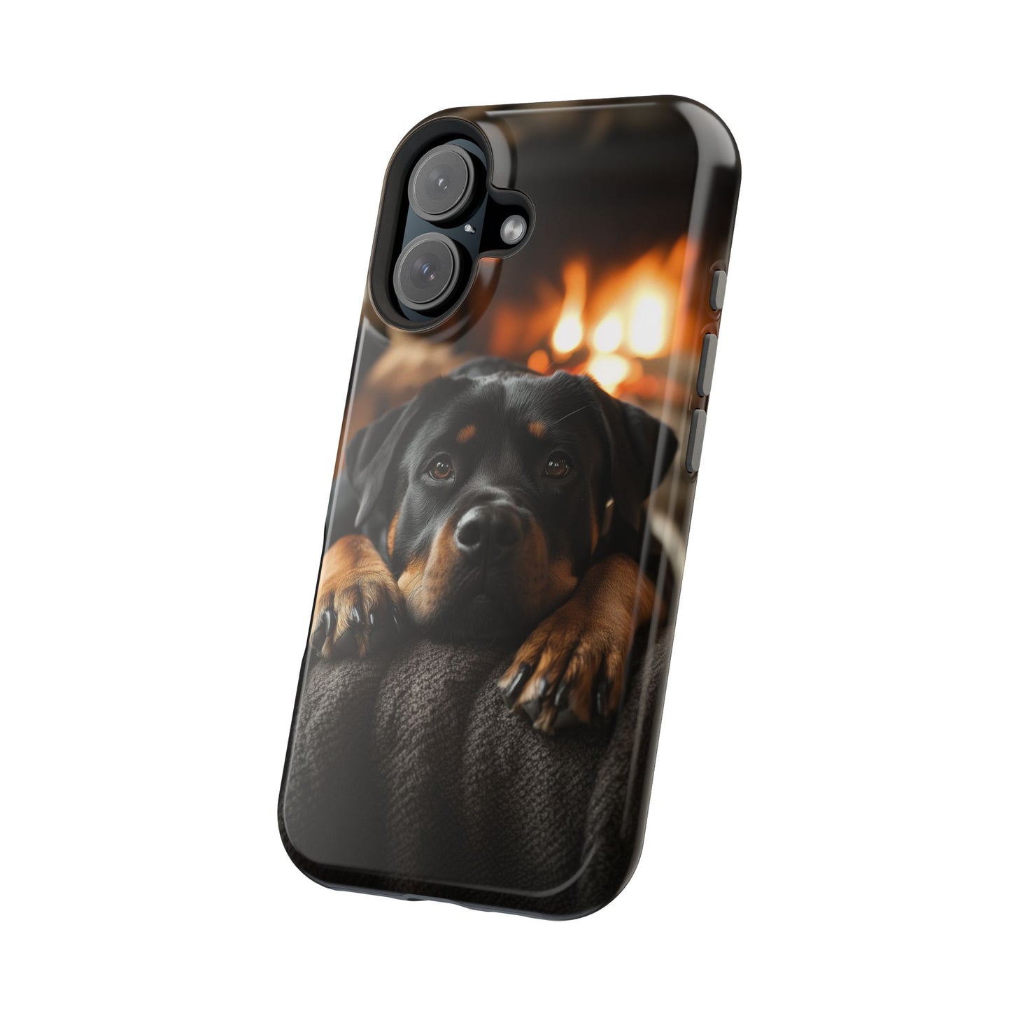 Cozy Rottweiler by the Fireplace MagSafe iPhone Case – Warm Rustic Design