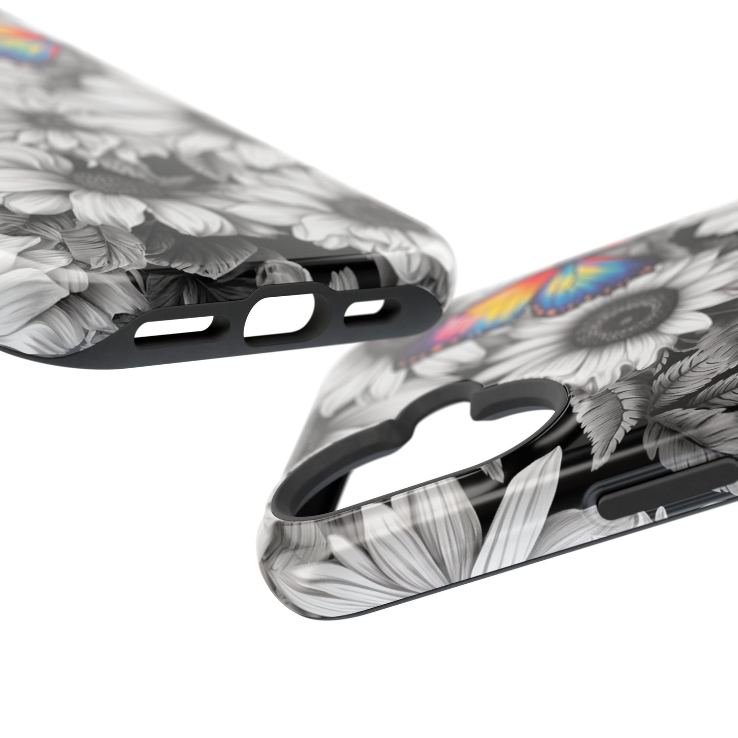 Rainbow Butterflies & Monochrome Sunflowers – MagSafe iPhone Case