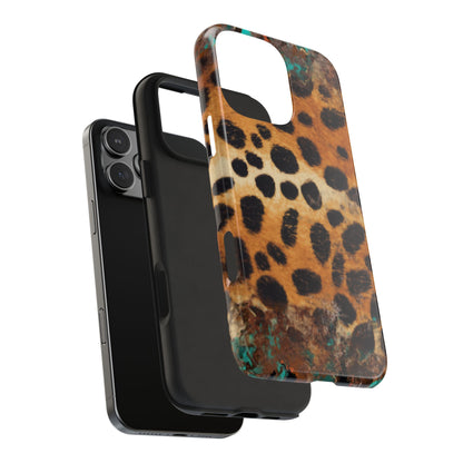 Rustic Leopard Print Tough iPhone Case – Distressed Turquoise and Animal Pattern with Dual-Layer Protection