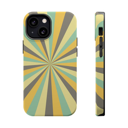 Vintage Sunburst Rays MagSafe iPhone Case – Bold 70s-Inspired Burst in Yellow, Mint, and Gray