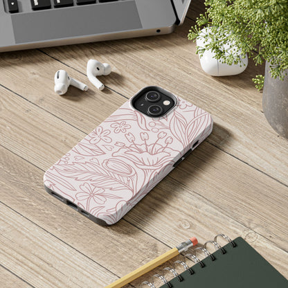 Blush Floral Line Art Tough iPhone Case – Delicate Minimalist Design with Dual-Layer Protection