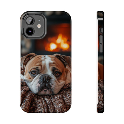 Cozy Bulldog iPhone Case – Fireside-Inspired Protective Cover Description: