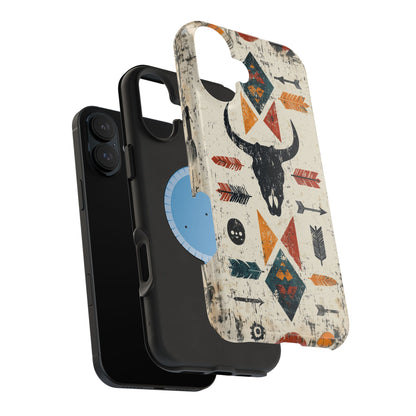 Tribal Bull Skull & Arrows Tough MagSafe iPhone Case – Rustic Western Design, Dual-Layer Protection