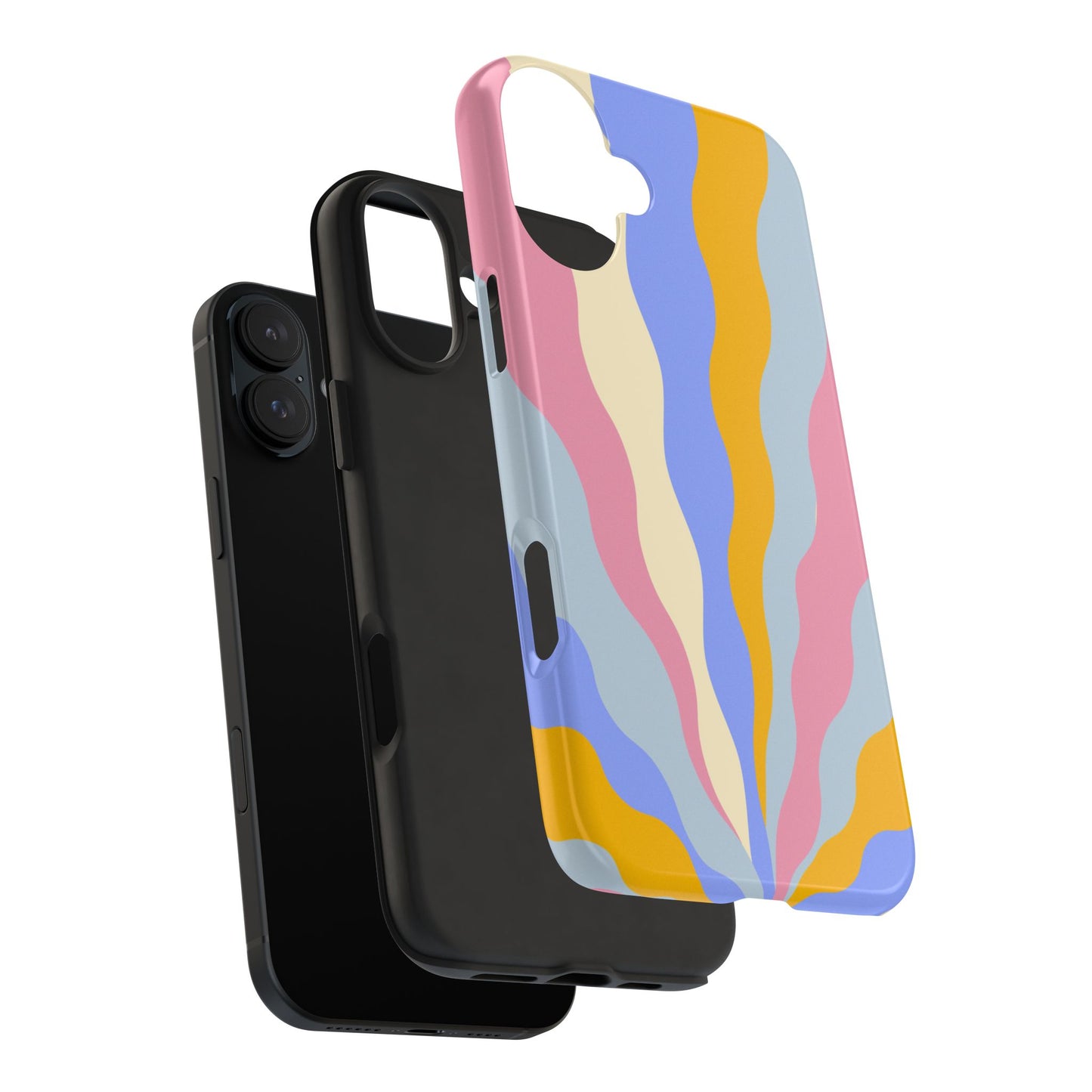 Pastel Radiance iPhone Case – 70s-Inspired Dual-Layer Design with Wavy Sunburst Pattern