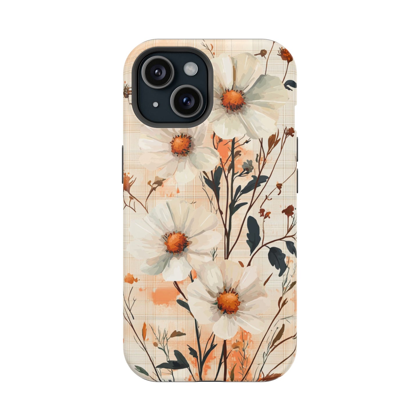 Pastel Orange Floral MagSafe iPhone Case - Elegant Plaid Protective Cover