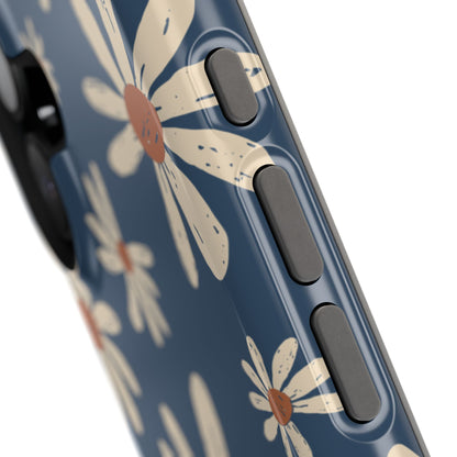 Vintage Daisies MagSafe iPhone Case – Navy Blue Floral Design, Scratch-Resistant with Shock-Absorbing Bumper