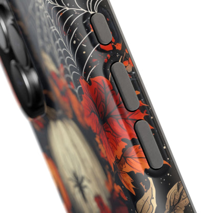 Hauntingly Elegant Halloween MagSafe iPhone Case – Pumpkins, Spiders, and Autumn Leaves Design