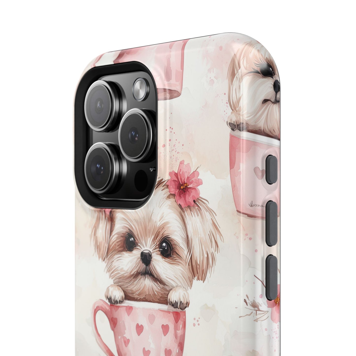 Floral Puppy in Teacup MagSafe iPhone Case – Cute Pink Flower Design, Tough Dual-Layer Protection