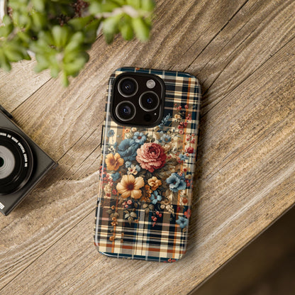 Cute iPhone Samsung Phone Case, Bouquet of Nostalgia, Vintage Styled Checkered Plaid Floral Protective Cover for iPhone, Samsung, & Google. - BOGO Cases