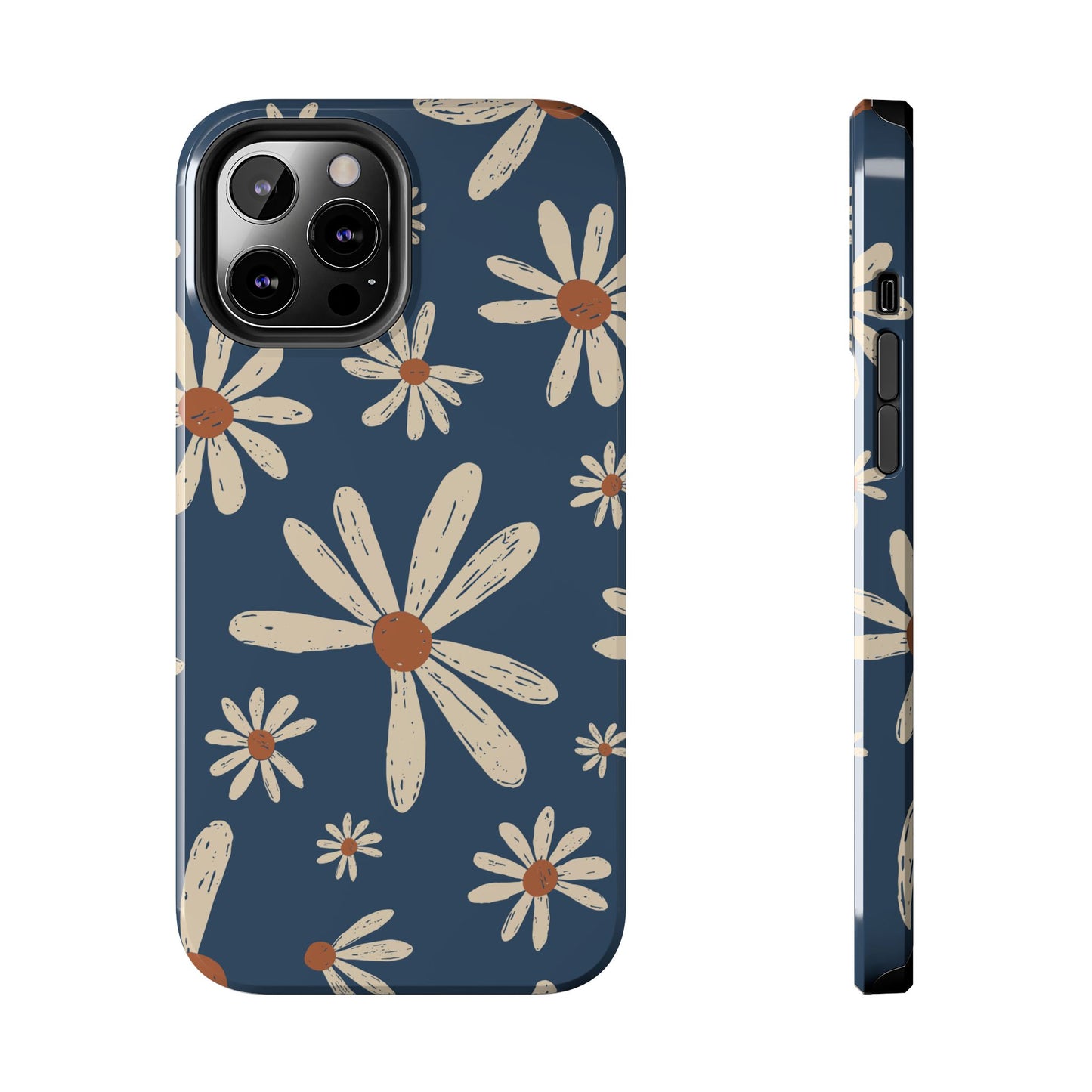 Vintage Daisies iPhone Case – Navy Blue Floral Design, Scratch - Resistant with Shock - Absorbing Bumper - BOGO Cases