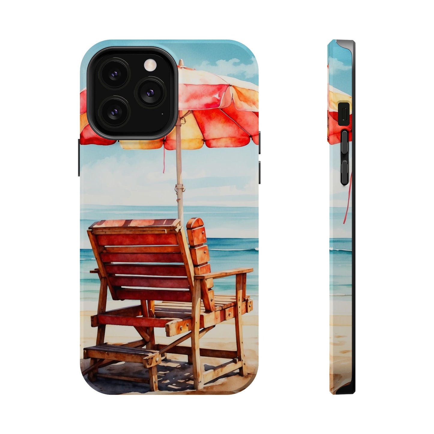 Beachfront Sunset Lounge MagSafe iPhone Case – Vibrant Watercolor Design