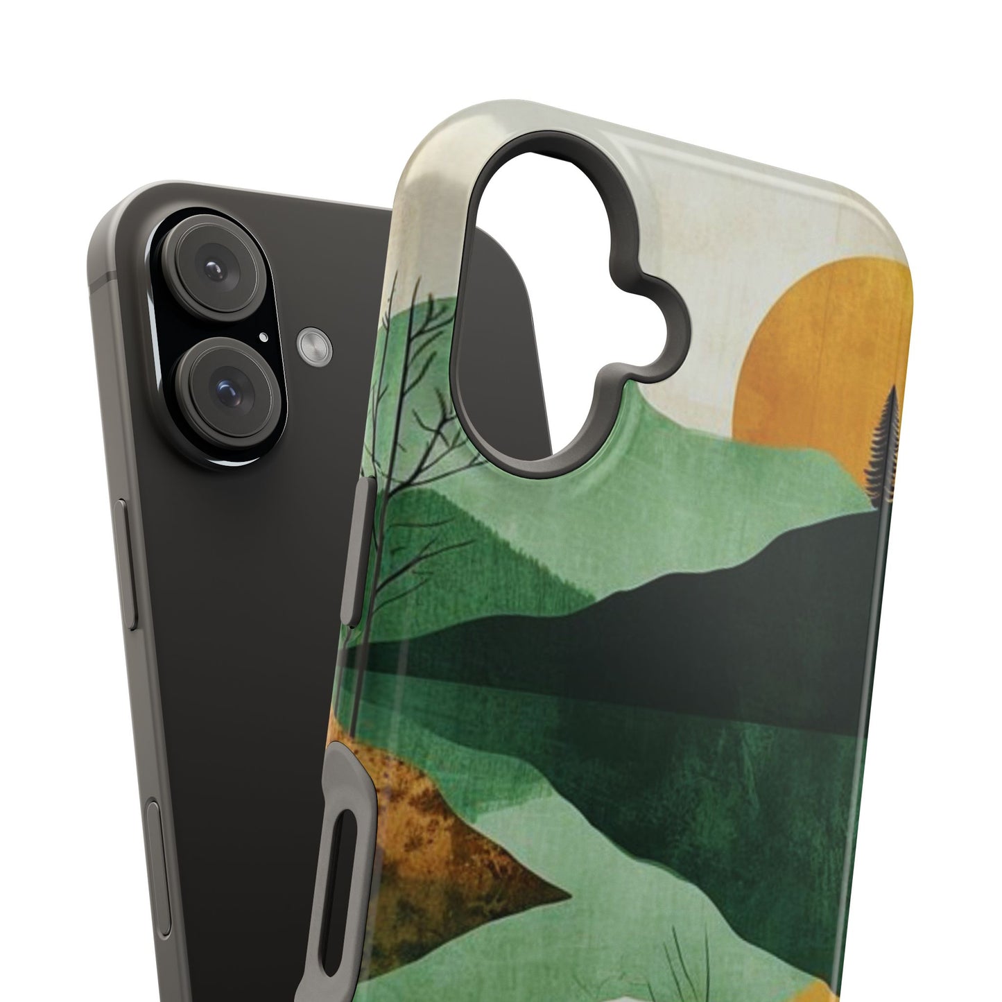 Retro Mountain Sunrise MagSafe iPhone Case – Minimalist Landscape Design, Dual-Layer Protection